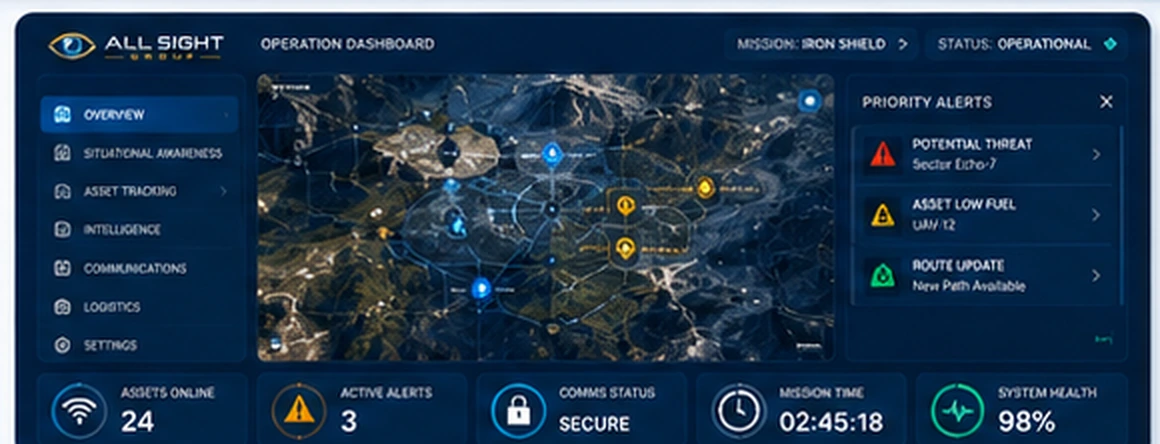 Illustrative All Sight operational dashboard with a map, alerts, and system status information.