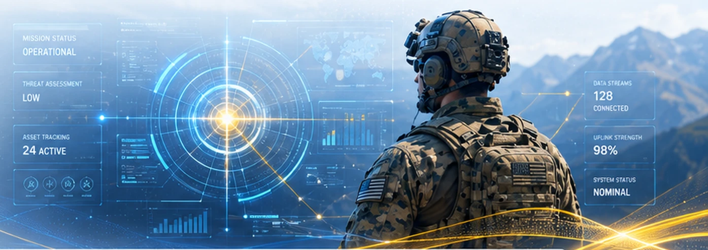 Concept illustration of an operator viewing blue and gold information displays in a mountain environment.
